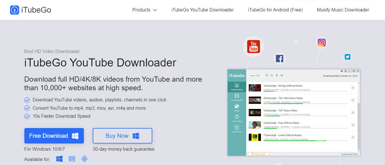 iTubeGo Downloader homepage screenshot